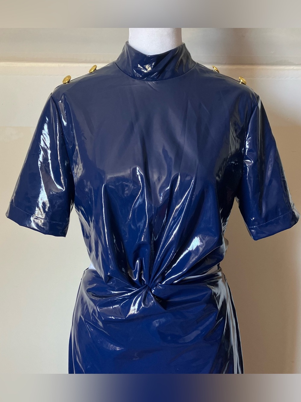 By Egreis Navy Blue Glossy Vinyl Marigold Cutout Midi Dress size Small - Picture 7 of 11
